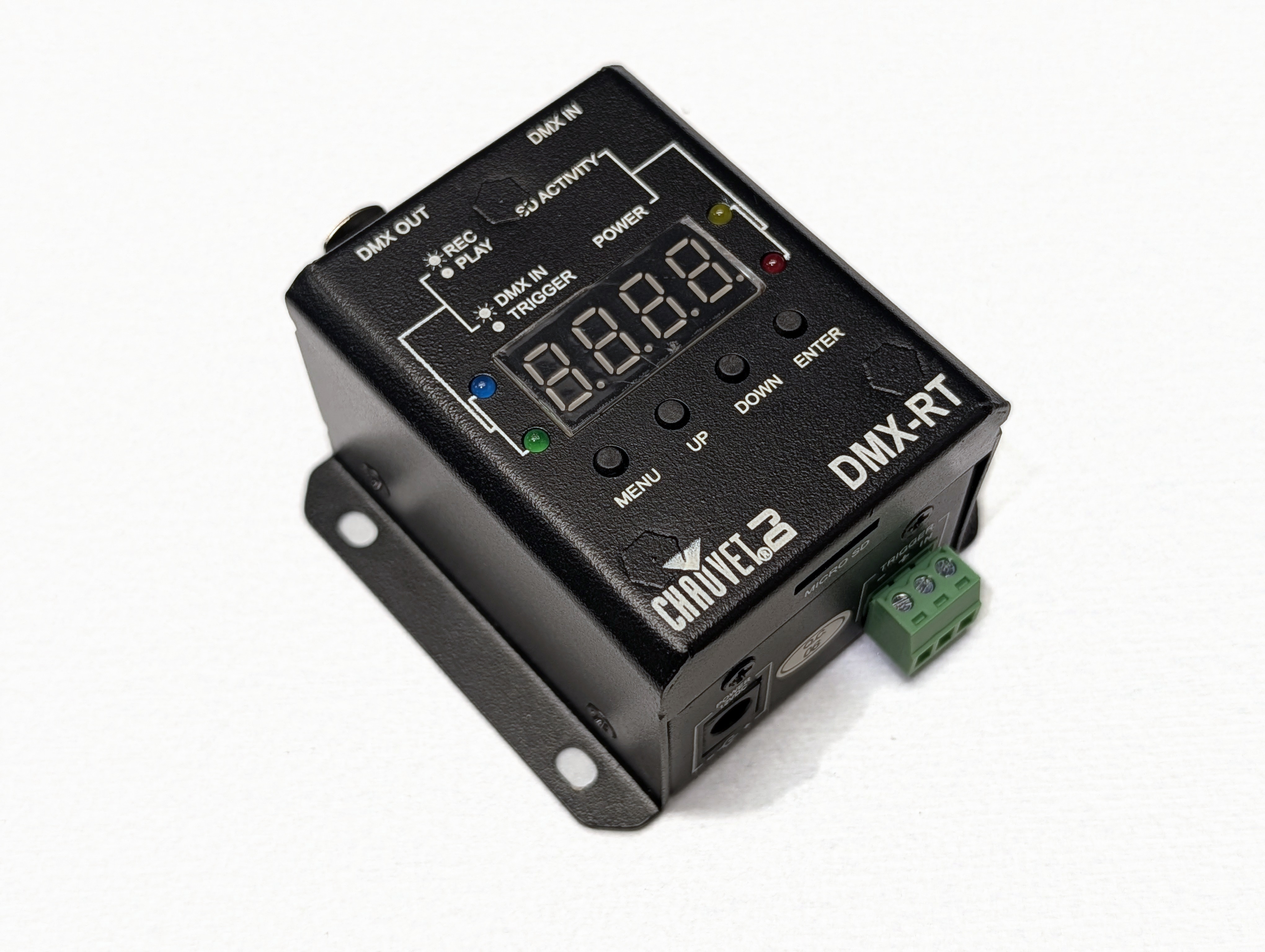 Chauvet DMX-RT DMX recorder/player enclosure, front panel with four-digit display, four buttons, and status LEDs