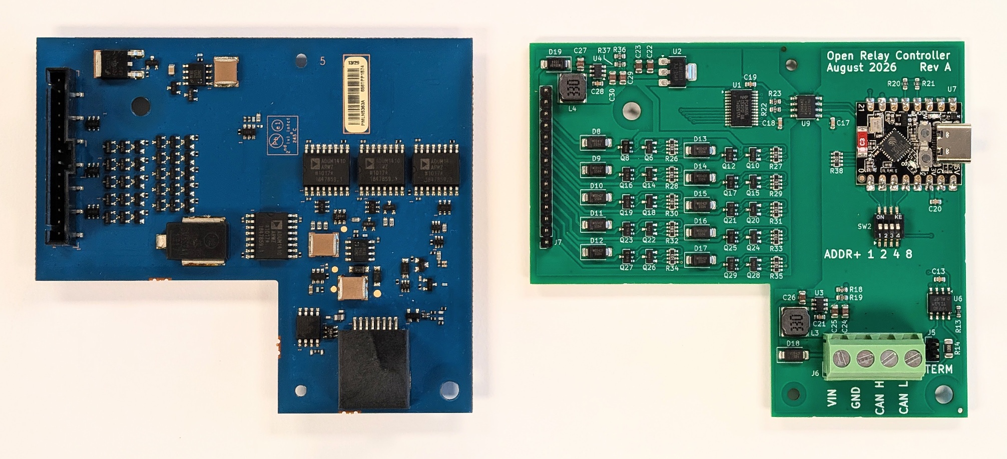 ORC Rev A (green, right) and OEM PMUN1046A control PCB (blue, left), flat top-down view showing component layout on both boards