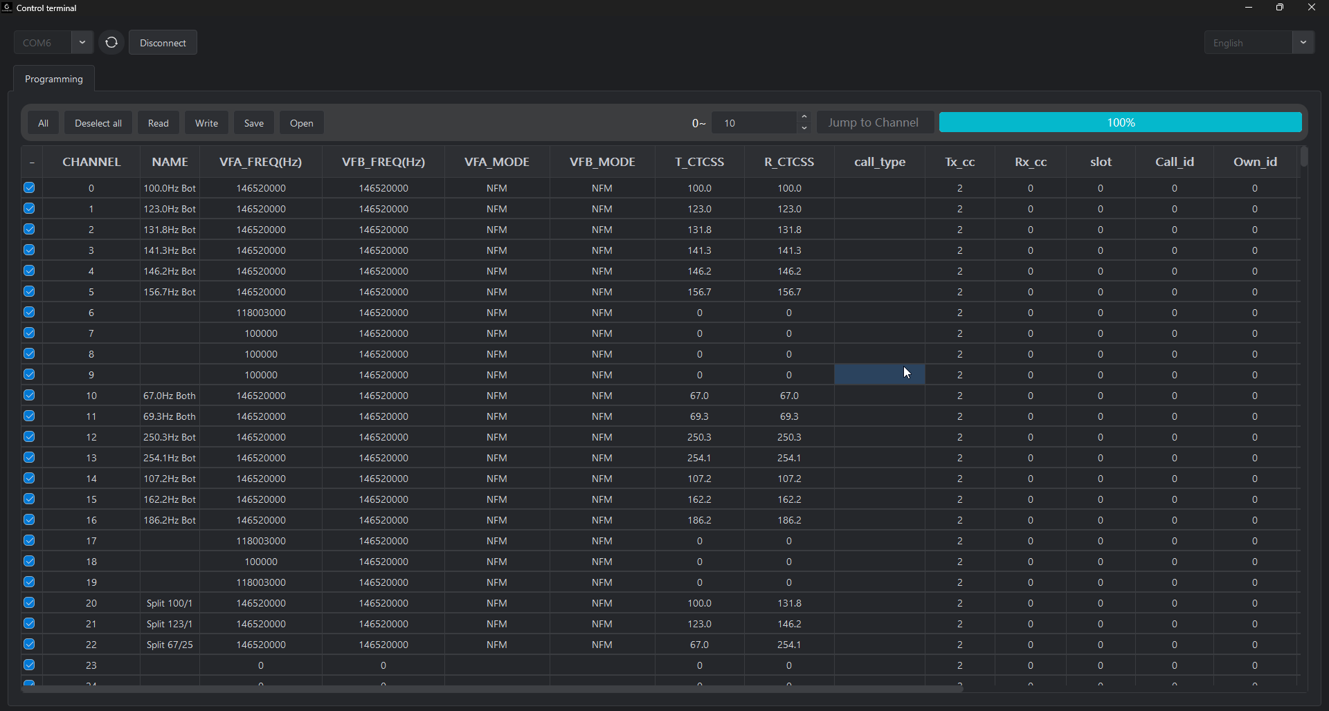 CTCSS validation - manufacturer software showing programmed tones read back from radio