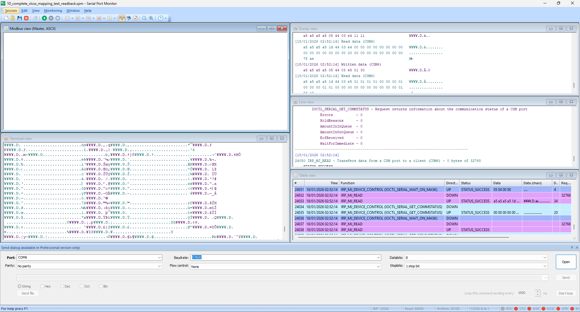 Serial monitor capture showing UART traffic