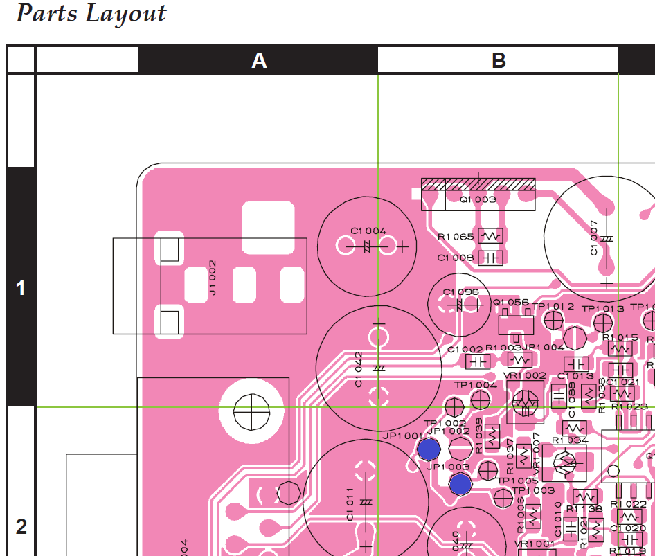 Jumper locations shown, with solder blobs shown in blue.